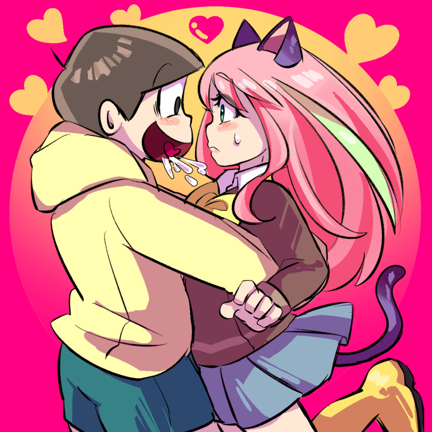 1boy, 1girl, animal_ears, black_hair, boots, bowl_cut, cat_ears, cat_tail