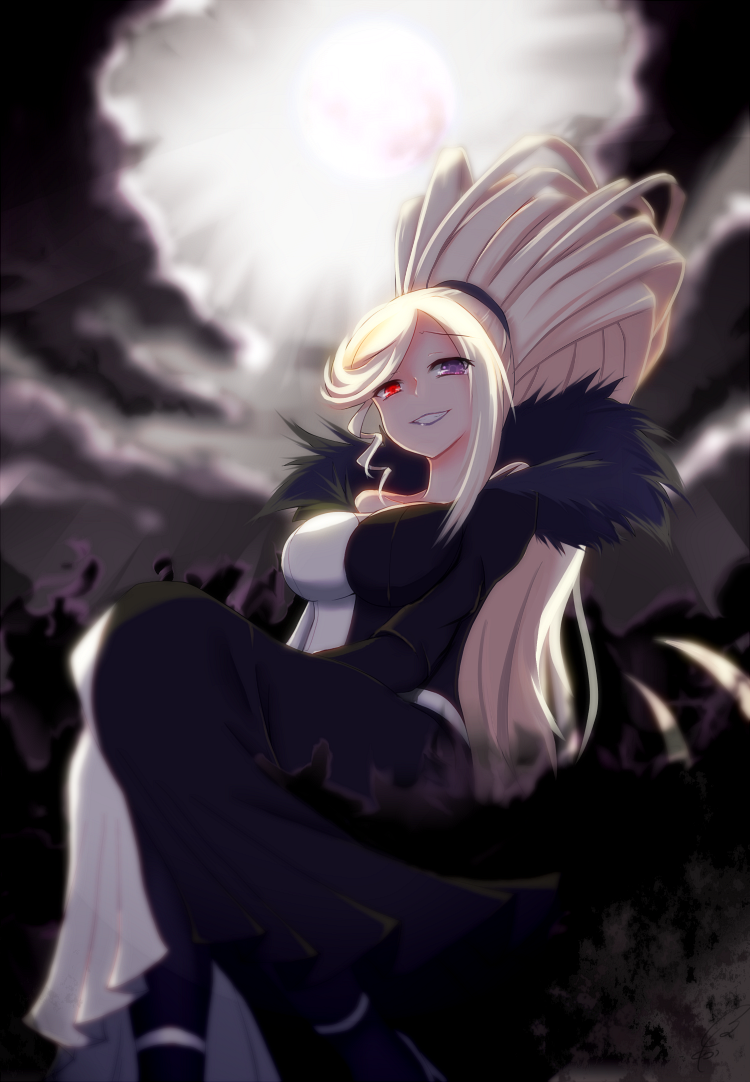 1girl, afushiru_wa_kugi, blonde_hair, breasts, dress, feather_boa, full_body, grin