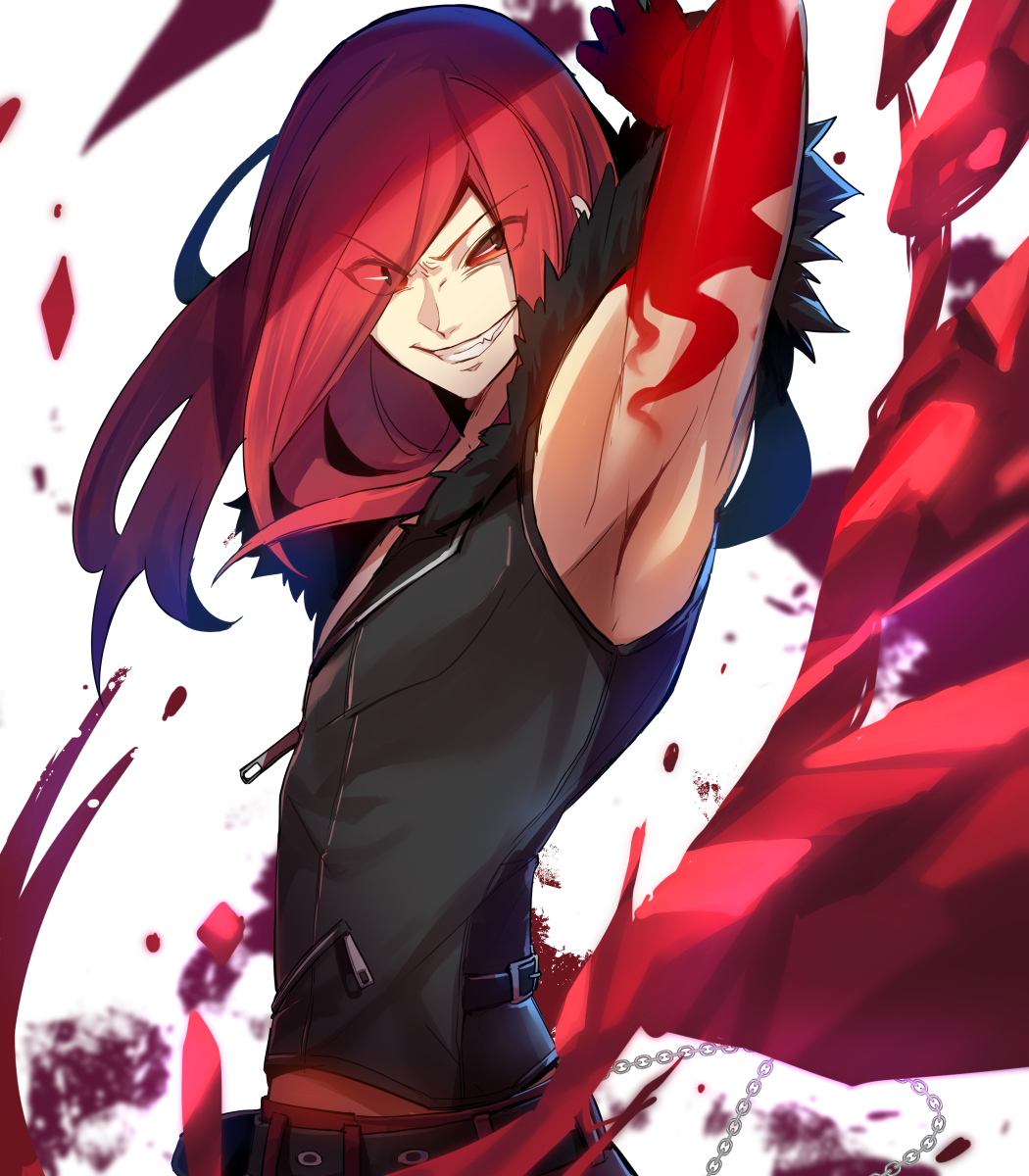 1boy, armpits, blood, carmine, evil_grin, evil_smile, fang, fur_collar