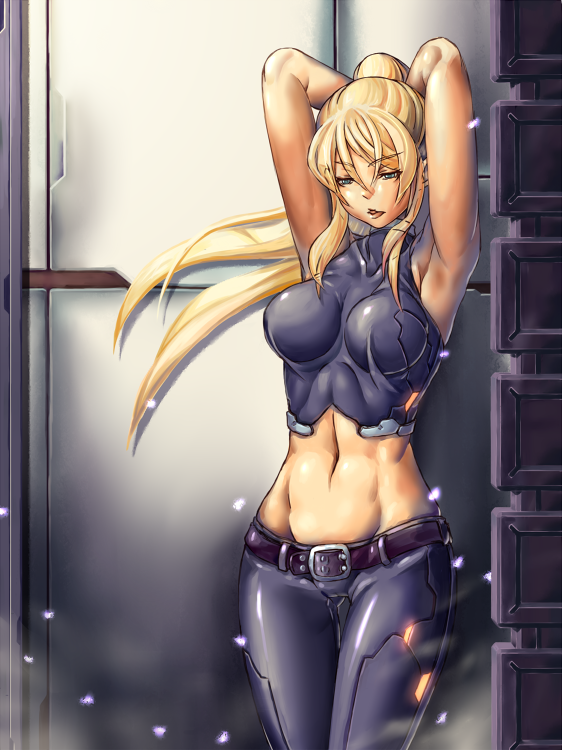1girl, adapted_costume, against_wall, armpits, arms_up, belt, blonde_hair, blue_eyes