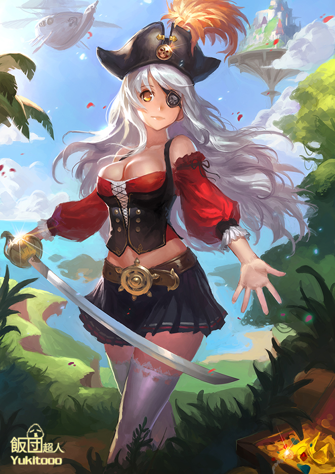 1girl, bare_shoulders, belt, breasts, cleavage, eyepatch, floating_island, flying_boat