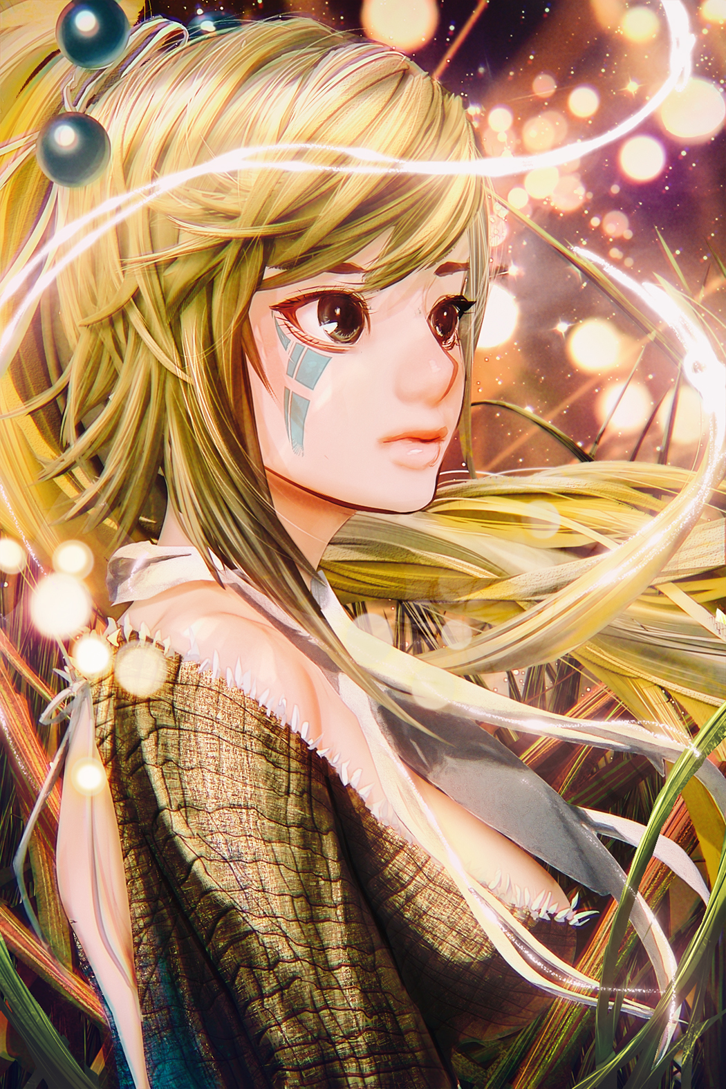 1girl, bangs, bare_back, bare_shoulders, blonde_hair, breasts, brown_eyes, cursedapple