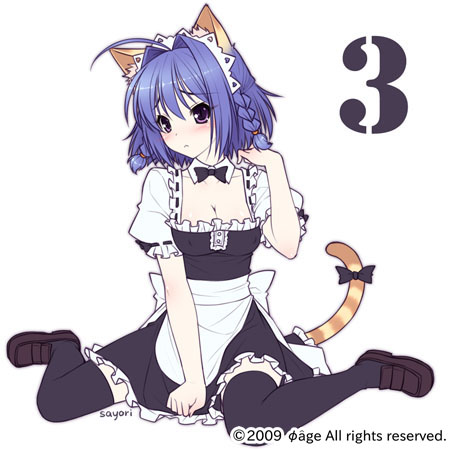 1girl, apron, black_legwear, blue_hair, blush, bowtie, braid, cat_ears