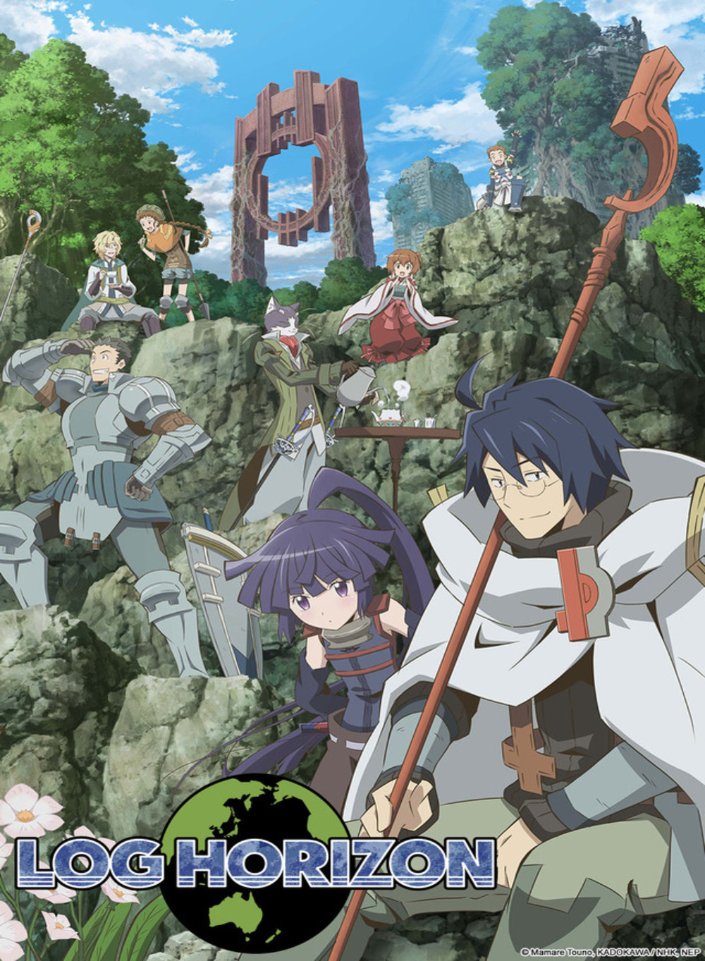 3girls, 5boys, akatsuki_(log_horizon), armor, armored_boots, blue_hair, brindiamo, brown_hair