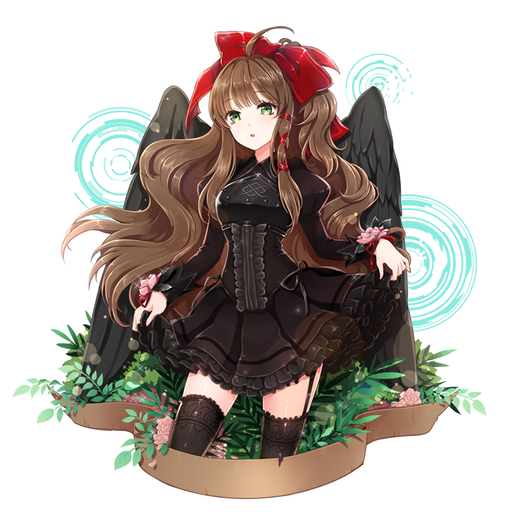 1girl, :o, ahoge, bangs, black_dress, black_legwear, black_wings, brown_hair, cowboy_shot, dress, feathered_wings, flower, frilled_dress, frills, garter_straps, green_eyes, hair_ornament, hair_ribbon, juliet_sleeves, lace, lace-trimmed_thighhighs, long_hair, long_sleeves, looking_at_viewer, millgua, original, puffy_sleeves, red_ribbon, ribbon, simple_background, skirt_hold, solo, sparkle, thigh-highs, white_background, wings