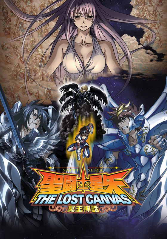 1girl, 4boys, alone_(saint_seiya:_the_lost_canvas), armor, black_hair, breasts, brown_hair, cleavage