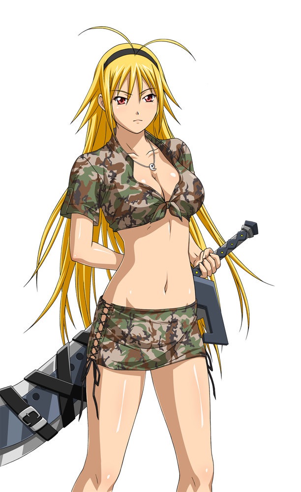 1girl, belt, blonde_hair, breasts, camouflage, chousen_(ikkitousen), cleavage, front-tie_top