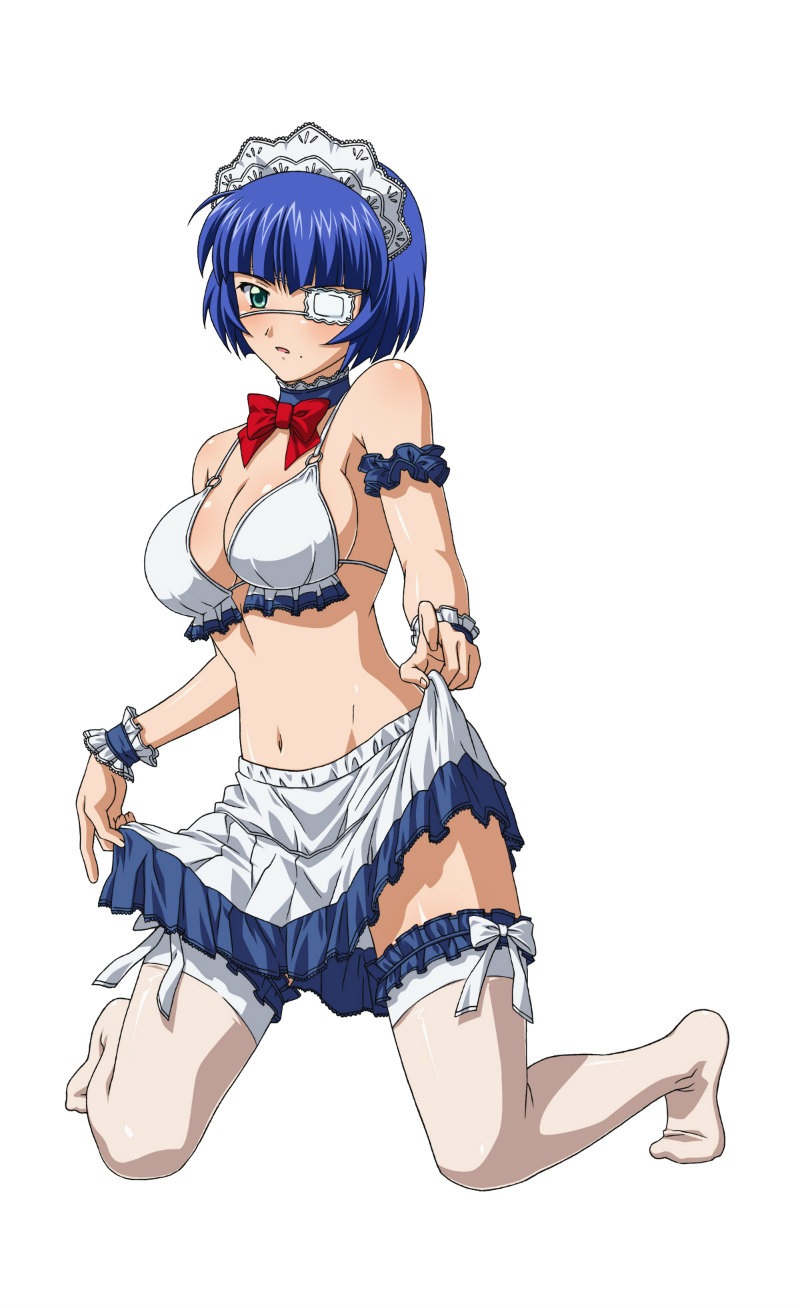 1girl, blue_hair, bra, breasts, cleavage, eyepatch, green_eyes, highres