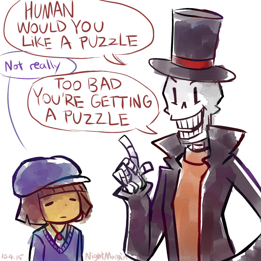 1boy, 1other, brown_hair, cosplay, english_text, frisk_(undertale), hat, hershel_layton