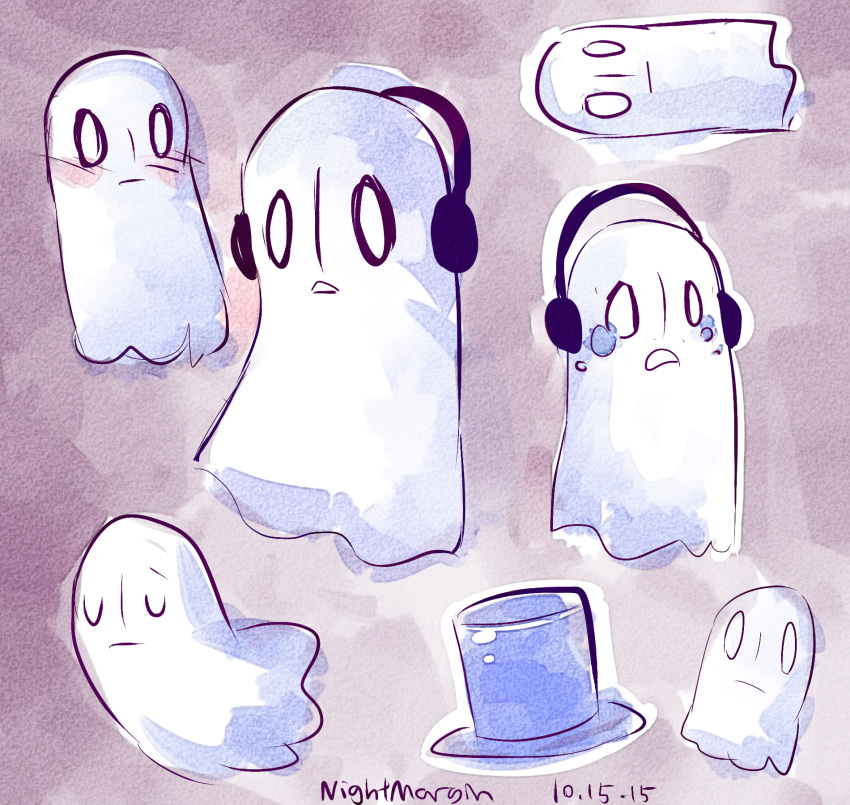 1other, artist_name, blush, dated, ghost, hat, headphones, highres