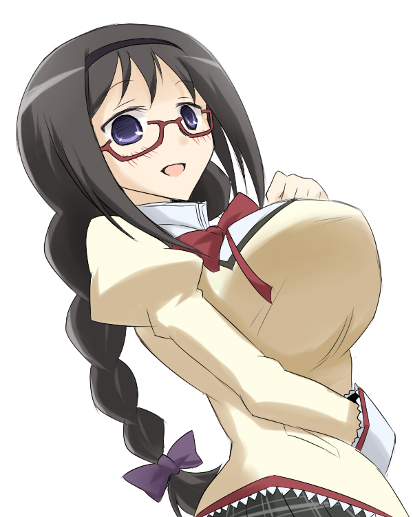 1girl, akemi_homura, alternate_breast_size, black_hair, blush, braid, breasts, commentary_request