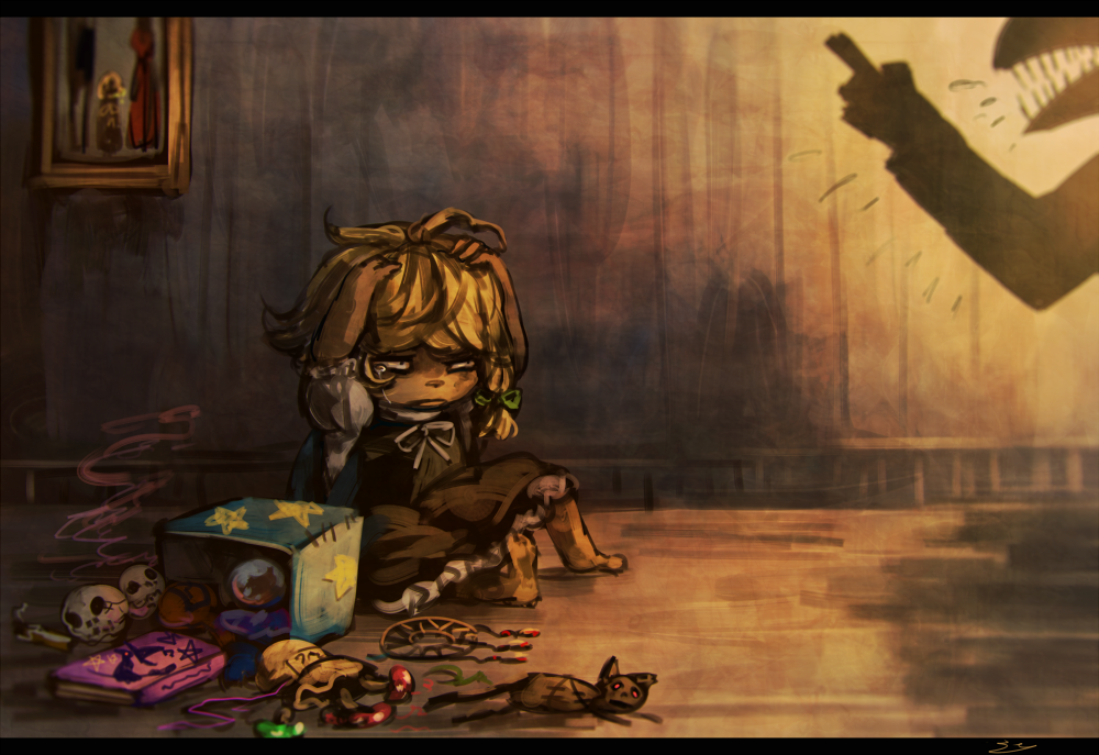 1girl, book, commentary_request, covering_head, dream_catcher, dress, frilled_dress, frills, grimoire, hair_ribbon, hands_on_own_head, kirisame_marisa, koto_inari, no_hat, painting_(object), ribbon, scolding, shadow, sharp_teeth, tears, touhou, younger