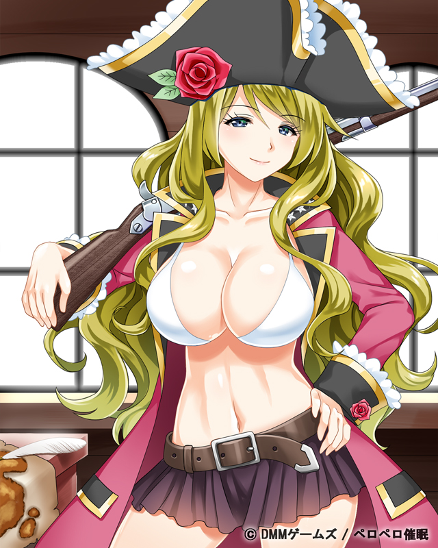 1girl, antique_firearm, bikini, bikini_top, blonde_hair, blue_eyes, breasts, cleavage
