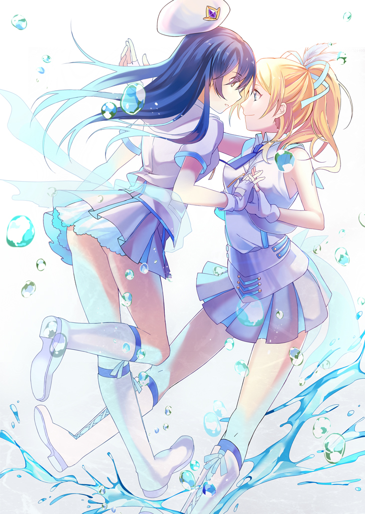 2girls, al_(ahr), ayase_eli, bangs, beret, blonde_hair, blue_eyes, blue_hair, bow, fingerless_gloves, frills, gloves, hair_ribbon, hat, holding_hands, jumping, long_hair, looking_at_another, love_live!_school_idol_project, multiple_girls, open_mouth, ponytail, ribbon, skirt, smile, sonoda_umi, water, wonderful_rush, yuri