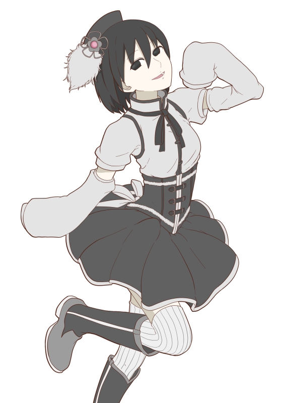 1girl, alternate_color, beret, black_eyes, black_hair, detached_sleeves, hat, hisano1202