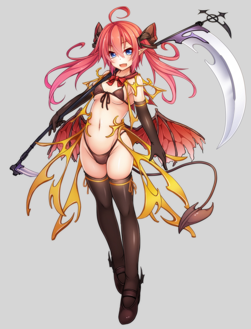 >:d, 1girl, :d, ahoge, armor, blue_eyes, blush, boots, bowtie, breasts, brown_bikini, brown_boots, demon_girl, demon_tail, demon_wings, fang, front-tie_top, grey_background, hair_ribbon, highres, holding_weapon, navel, open_mouth, original, pointy_ears, red_bowtie, redhead, ribbon, scythe, simple_background, small_breasts, smile, solo, stomach, tagme, tail, thigh-highs, thigh_boots, twintails, under_boob, wakagi_repa, wings, yellow_ribbon