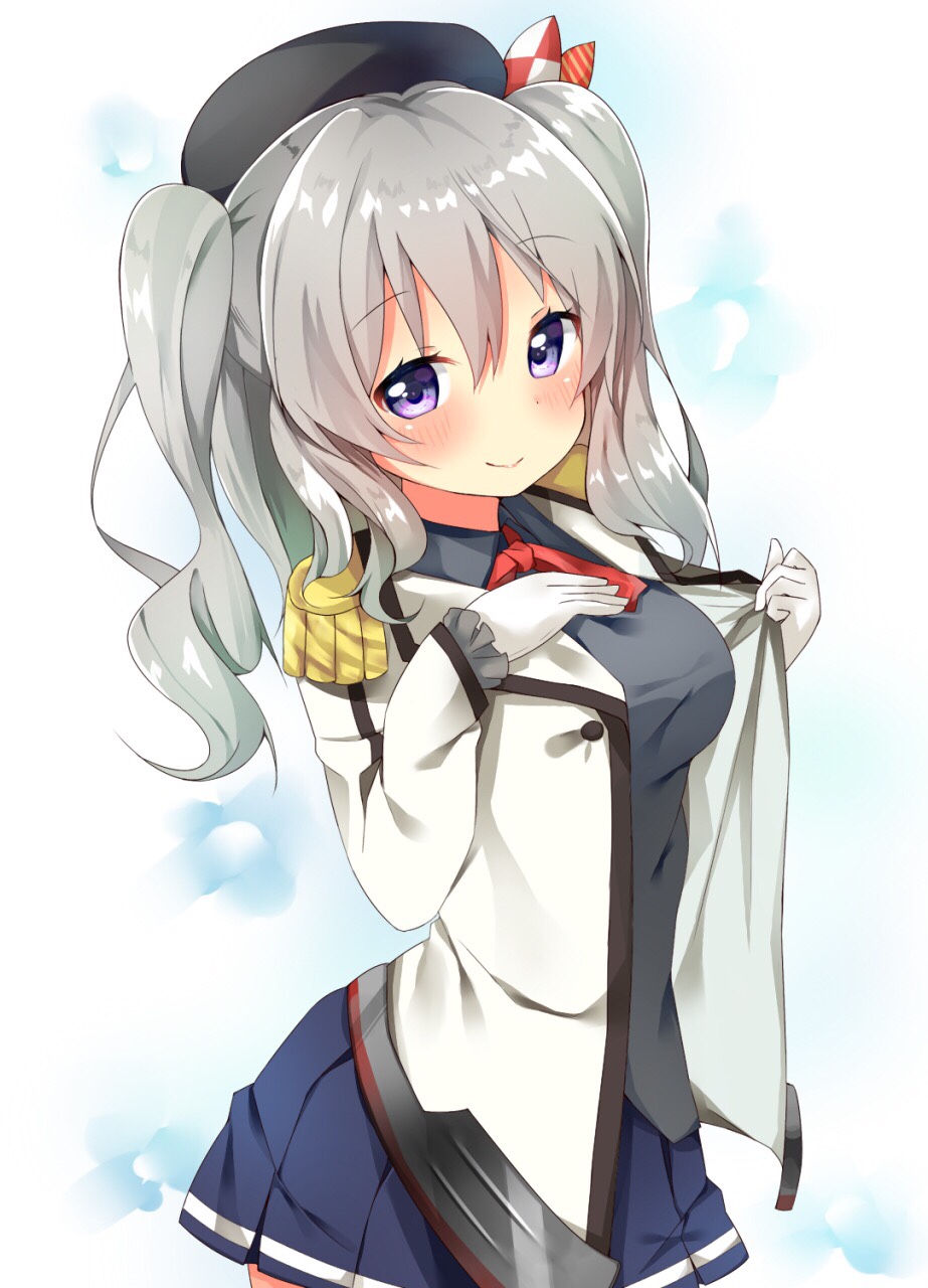 1girl, beret, blue_eyes, blush, breasts, epaulettes, frilled_sleeves, frills