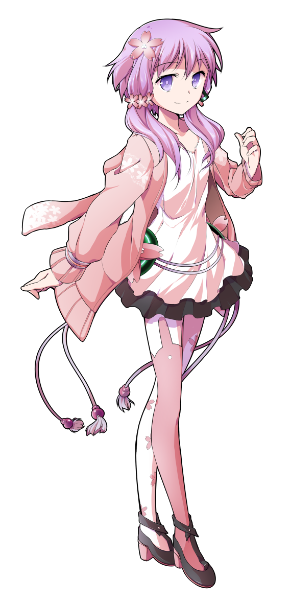 1girl, collarbone, dairi, dress, floral_print, flower, hair_flower, hair_ornament, jacket, long_sleeves, looking_at_viewer, low_twintails, mismatched_legwear, open_clothes, open_jacket, pantyhose, purple_hair, simple_background, smile, solo, standing, twintails, violet_eyes, vocaloid, vocaloid_4, voiceroid, white_background, white_dress, wrist_cuffs, yuzuki_yukari, yuzuki_yukari_(onn)