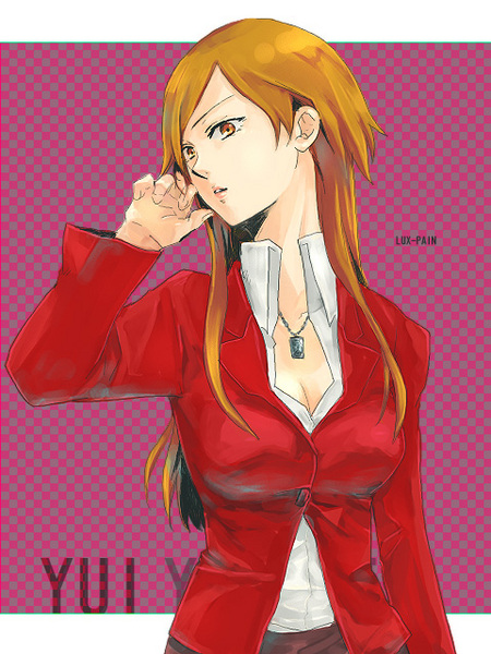breasts, brown_eyes, brown_hair, checkered, cleavage, formal, haji_(dlr6a), jewelry