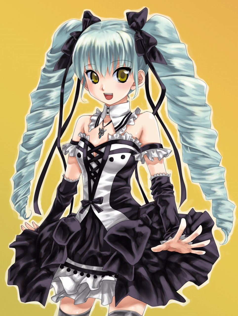 dress, drill_hair, gothic_lolita, highres, hikabe_sakuho, lolita_fashion, lux-pain, thighhighs