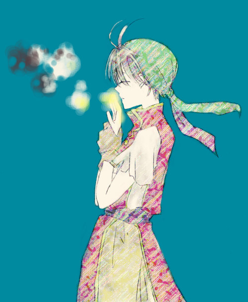 1boy, bandana, blue_background, gensou_suikoden, gensou_suikoden_i, hands, light, solo