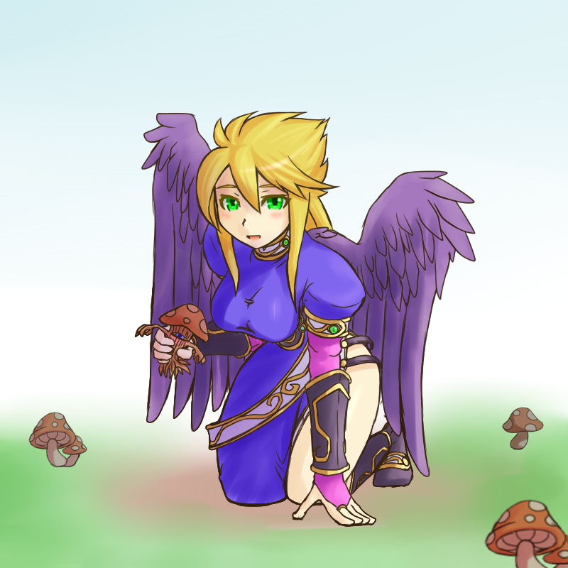 1girl, angel_wings, black_wings, blonde_hair, blush, boots, breasts, breath_of_fire