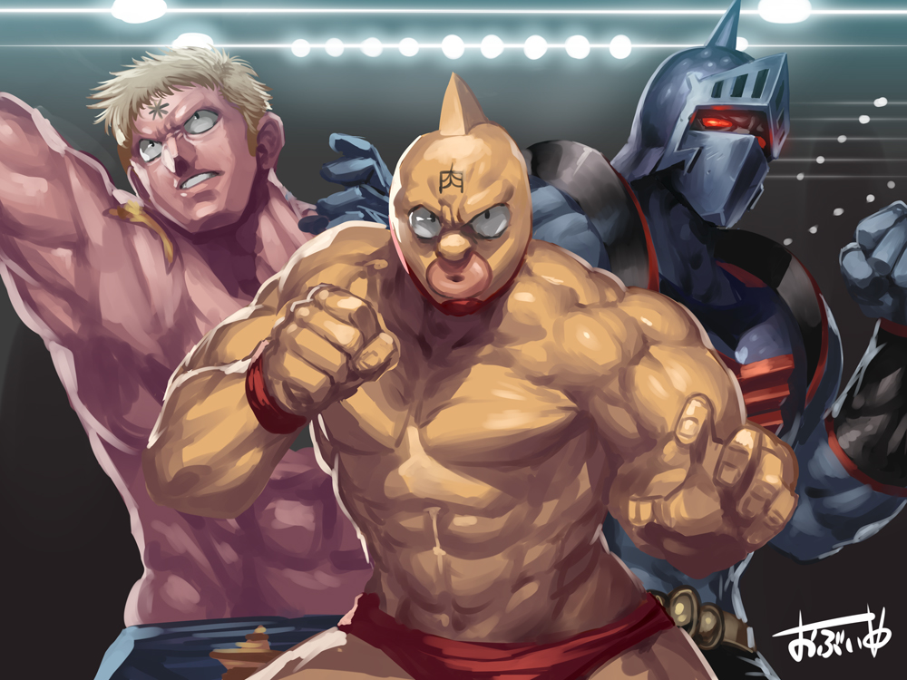 3boys, blonde_hair, clenched_hand, commentary_request, glowing, glowing_eyes, helmet, kinnikuman, kinnikuman_(character), looking_at_viewer, male_focus, multiple_boys, muscle, obui, red_eyes, robin_mask, short_hair, signature, star, terryman, wristband