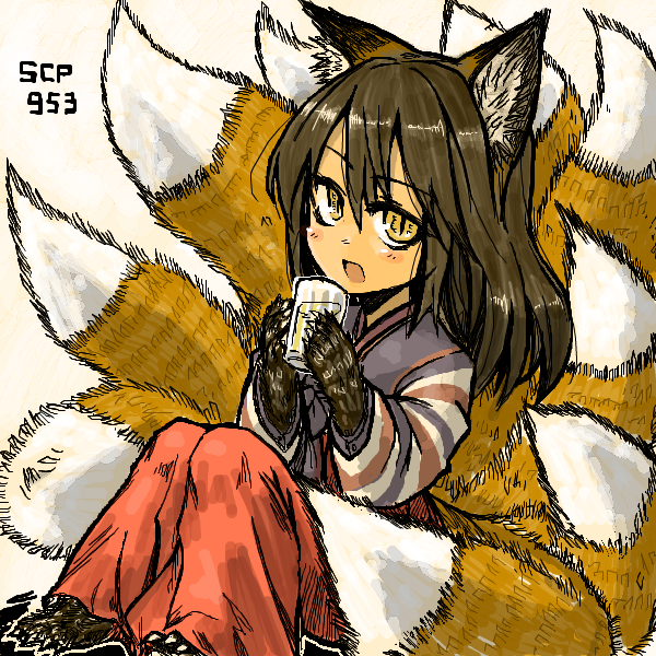 1girl, animal_ears, animal_hand, brown_hair, character_name, commentary, cup, fox_ears, fox_girl, fox_tail, korean_clothes, kyuubi, long_hair, monster_girl, multiple_tails, open_mouth, scp-953, scp_foundation, sitting, solo, tail, yellow_eyes