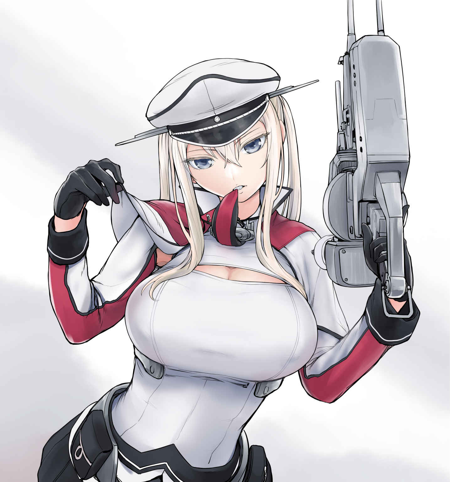 1girl, black_gloves, blonde_hair, blue_eyes, breasts, capelet, clenched_teeth, cowboy_shot