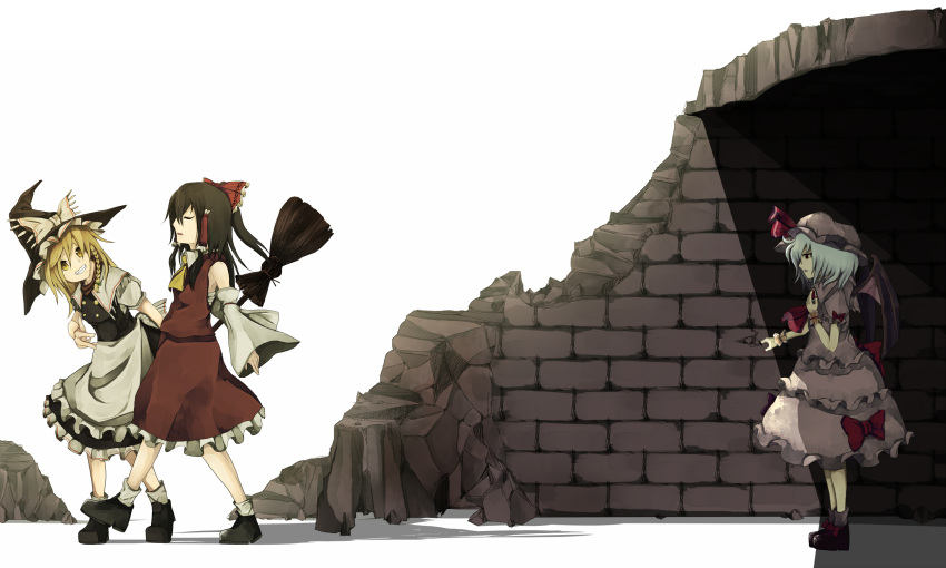 blonde_hair, blue_hair, bow, braid, broom, brown_hair, detached_sleeves, grin