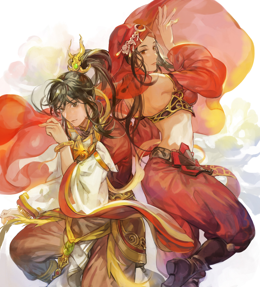 1boy, 1girl, back-to-back, baggy_pants, bare_shoulders, boots, bracelet, brown_eyes