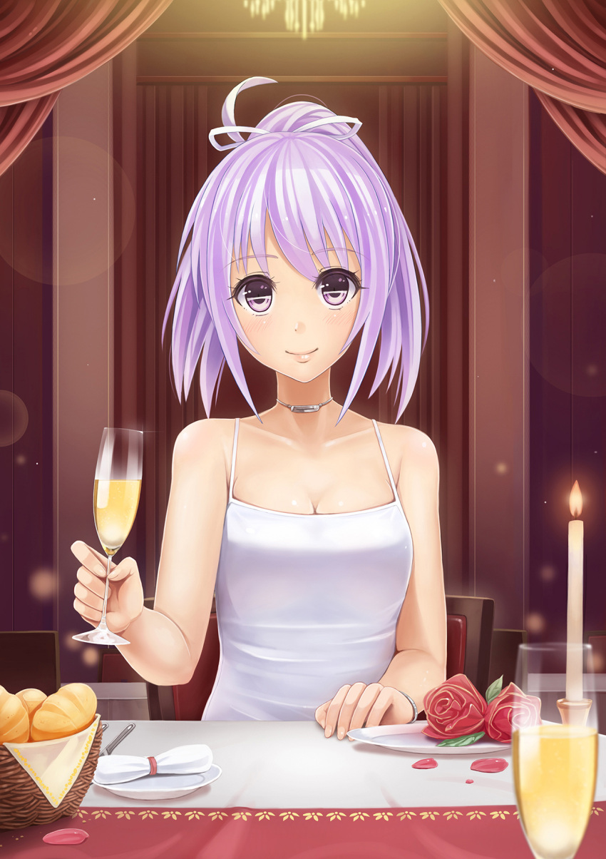 1girl, alcohol, basket, blush, bracelet, bread, breasts, candle