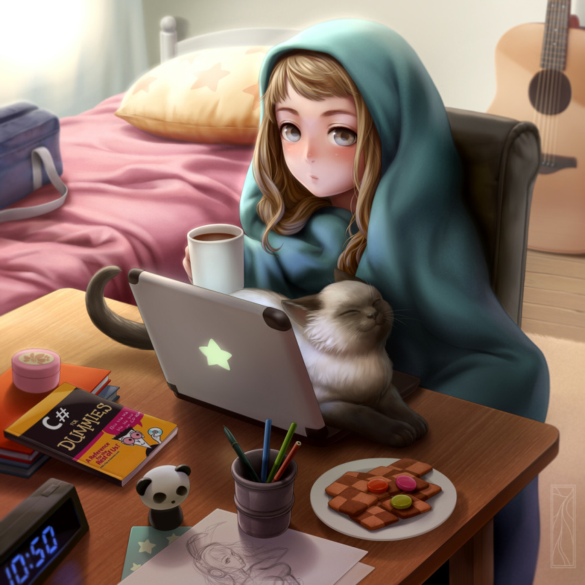1girl, acoustic_guitar, bangs, bed, blah_blah_blah, blanket, blonde_hair, blue_hair