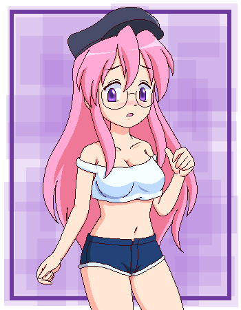 blush, cosplay, cute, denim, denim_shorts, final_fight, glasses, hat, hotpants, lowres, lucky_star, midriff, oekaki, pink_hair, poison, poison_(cosplay), poison_(final_fight), poison_(final_fight)_(cosplay), purple_eyes, short_shorts, shorts, solo, takalog, takara_miyuki, violet_eyes