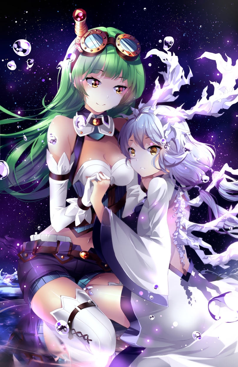 2girls, bangs, bare_back, bare_shoulders, belt, blunt_bangs, breasts, brown_eyes, bubble, choker, cleavage, crystal, elbow_gloves, fractal, gloves, goggles, goggles_on_head, green_hair, highres, horns, ice, interlocked_fingers, long_hair, long_sleeves, low_twintails, multiple_girls, navel, original, parted_lips, shorts, silver_hair, sitting, sky, smile, squadra, star_(sky), starry_sky, stomach, thigh-highs, twintails, vertical_stripes, very_long_hair, white_gloves, white_legwear, wide_sleeves, zettai_ryouiki