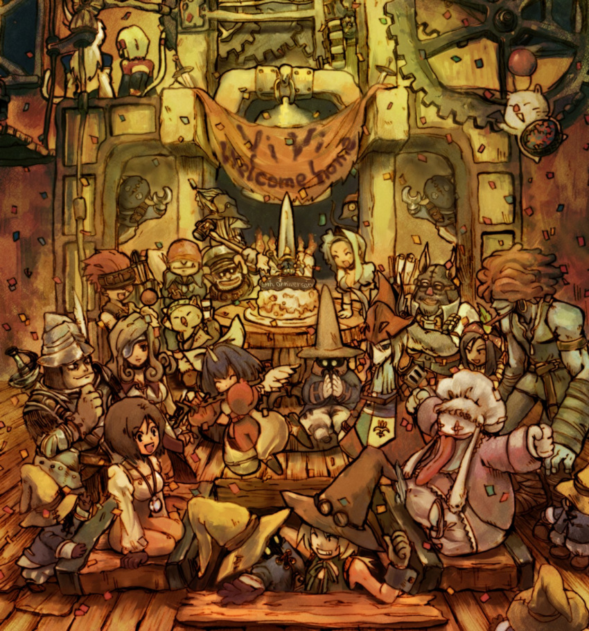anniversary, armor, baku, baku_(ff9), beatrix, black_hair, black_mage, blank, blonde_hair, blue_hair, bow, breasts, brown_hair, cake, cinna, cleavage, cog, dragoon, eiko_carol, english, everyone, eyepatch, final_fantasy, final_fantasy_ix, flute, food, freija_crescent, freya_crescent, garnet_til_alexandros_xvii, gears, gloves, goggles, hair_bow, hammer, hat, highres, horns, instrument, kuja, lani, large_breasts, marcus, mask, mikoto, mikoto_(ffix), moogle, nero_brothers, obelisk, oosaki_hirao, pastry, quina_quen, ribbon, ruby, ruby_(ff9), salamander_coral, short_hair, sword, vivi_ornitier, weapon, witch_hat, wizard_hat, zidane_tribal