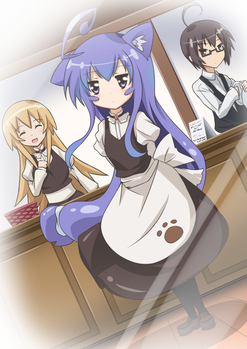 2girls, acchi_kocchi, ahoge, animal_ears, blue_eyes, blue_hair, cat_ears, cat_tail