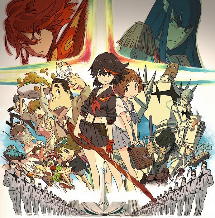 binoculars, black_hair, blonde_hair, blue_eyes, blue_hair, bowl_cut, brown_hair, chainsaw, croquette, dog, epaulettes, fukuroda_takaharu, gakuran, gamagoori_ira, glasses, glint, guts_(kill_la_kill), hair_over_one_eye, hakodate_omiko, helicopter, honnouji_gakuen, inumuta_houka, jakuzure_nonon, jpeg_artifacts, junketsu, kill_la_kill, kiryuuin_satsuki, looking_at_another, looking_at_viewer, mankanshoku_barazou, mankanshoku_mako, mankanshoku_matarou, mankanshoku_sukuyo, matoi_ryuuko, matoi_ryuuko_(senketsu_kamui), mikisugi_aikurou, multicolored_hair, multiple_boys, multiple_girls, necktie, official_art, partly_fingerless_gloves, pink_hair, poster, redhead, sanageyama_uzu, school_uniform, scissor_blade, senketsu, serafuku, shinai, short_hair, shoulder_spikes, single_glove, skirt, skull, sparkle, spikes, student, sunglasses, sushio, sword, tongue, tongue_out, two-tone_hair, weapon
