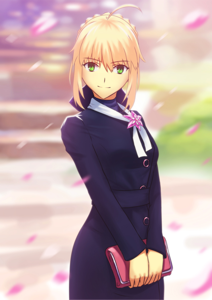 1girl, bag, blonde_hair, dress, fate/stay_night, fate_(series), fateline_alpha, green_eyes