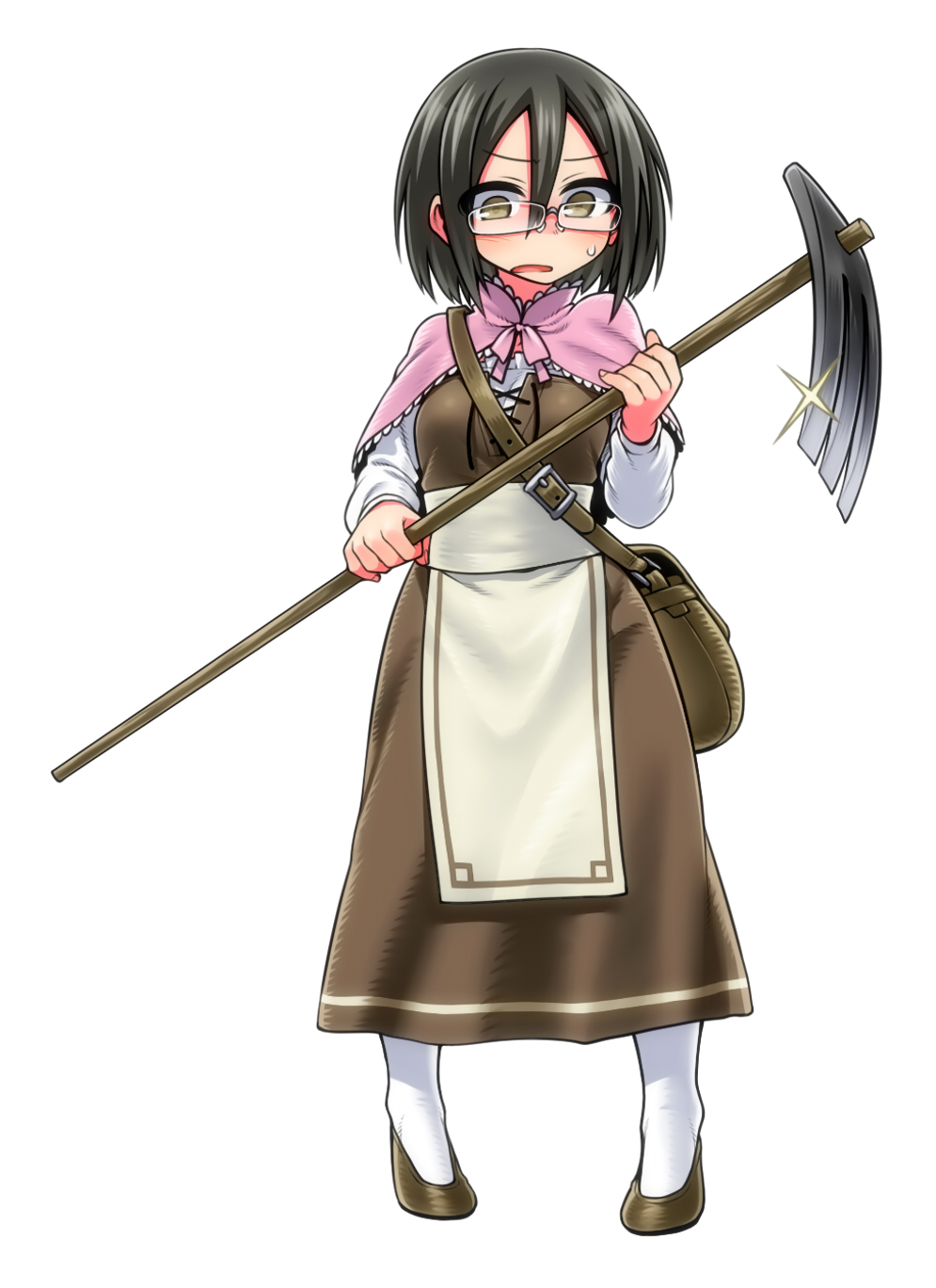 1girl, bag, black_hair, brown_eyes, capelet, chankodining_waka, dress, glasses