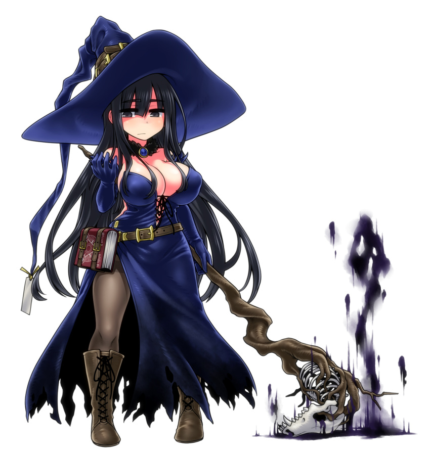 1girl, bare_shoulders, black_legwear, book, boots, breasts, chankodining_waka, cleavage