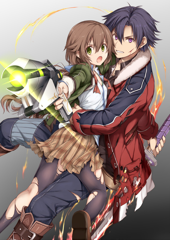 1boy, 1girl, aiming, arm_around_waist, black_legwear, blood, brown_hair, burnt_clothes, coat, eiyuu_densetsu, fire, fur_trim, gradient, gradient_background, green_eyes, grey_background, gun, hakuregu, holding_gun, holding_sword, holding_weapon, hug, injury, long_hair, long_sleeves, looking_at_viewer, loose_clothes, pants, pantyhose, plaid, plaid_skirt, purple_hair, rean_schwartzer, scratches, sen_no_kiseki, shirt, skirt, sword, torn_clothes, torn_jacket, torn_pantyhose, torn_skirt, towa_herschel, very_long_hair, violet_eyes, weapon, white_shirt