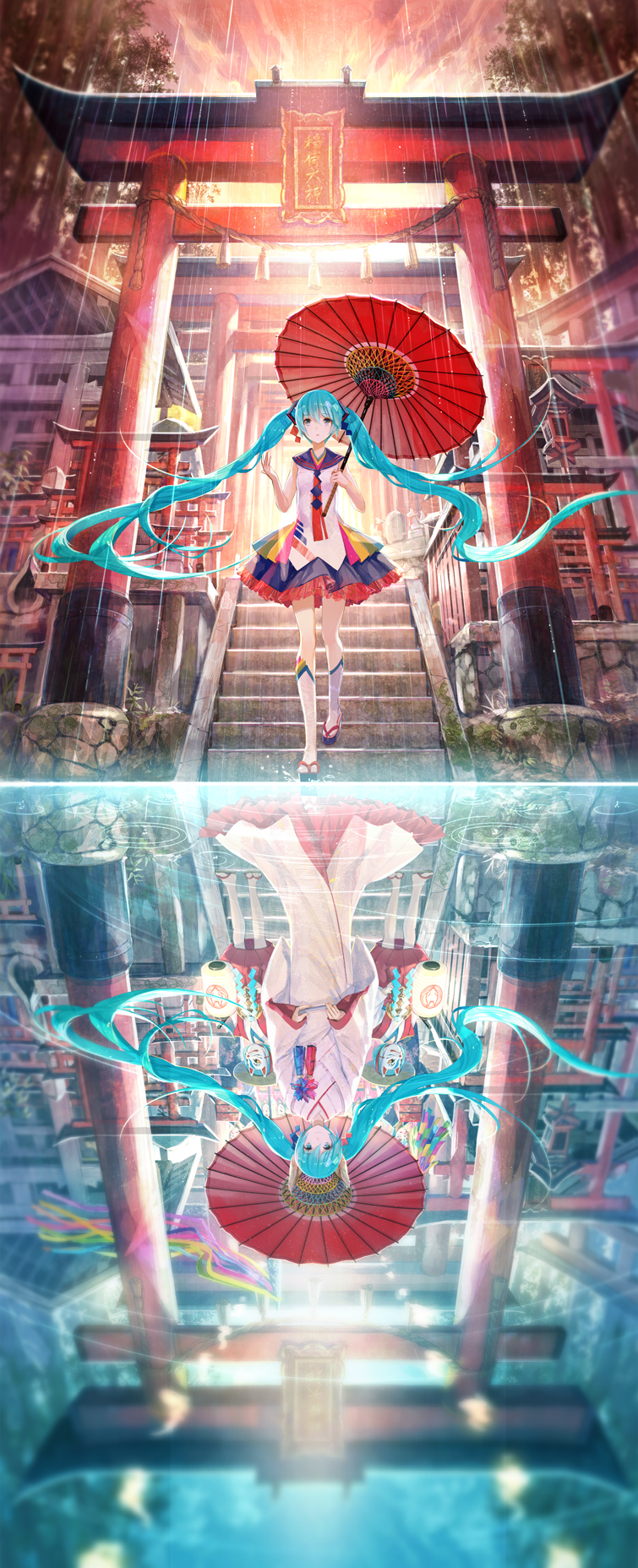 1girl, bangs, blue_eyes, blue_hair, box, clouds, different_reflection, dual_persona
