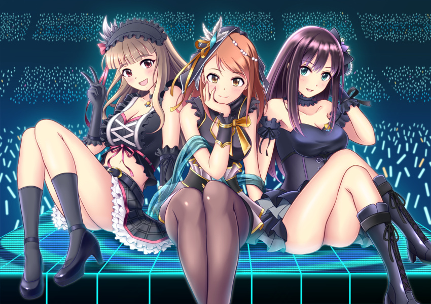 3girls, black_gothic_dress_(idolmaster), breasts, brown_eyes, brown_hair, cleavage, dress, female, gloves, green_eyes, hairband, high_heels, houjou_karen, idolmaster, idolmaster_cinderella_girls, kamiya_nao, lolita_hairband, long_hair, looking_at_viewer, mikii, multiple_girls, open_mouth, pantyhose, red_eyes, shibuya_rin, smile, thighs, veil