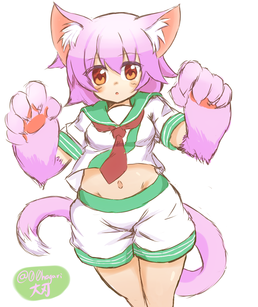 1girl, animal_ears, cat_ears, cat_tail, commentary_request, daiha_(setsuka), kantai_collection, looking_at_viewer, navel, pink_hair, red_eyes, school_uniform, serafuku, short_hair, solo, tail, tama_(kantai_collection), twitter_username, white_background