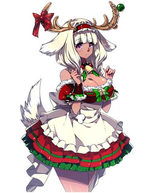 1girl, animal_ears, antlers, bangs, bell, blonde_hair, blunt_bangs, braid