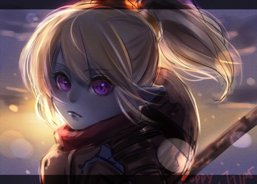 1boy, 1girl, armor, blue_skin, commentary, evening, fang_out, hair_between_eyes