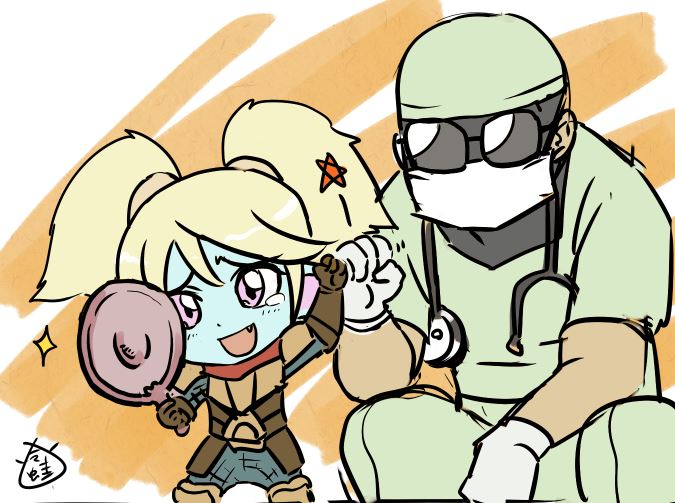 1girl, armor, blue_skin, fist_bump, glasses, gloves, league_of_legends, leng_wa_guo