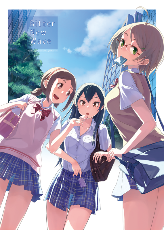 3girls, ahoge, bag, black_hair, brown_eyes, brown_hair, building, city