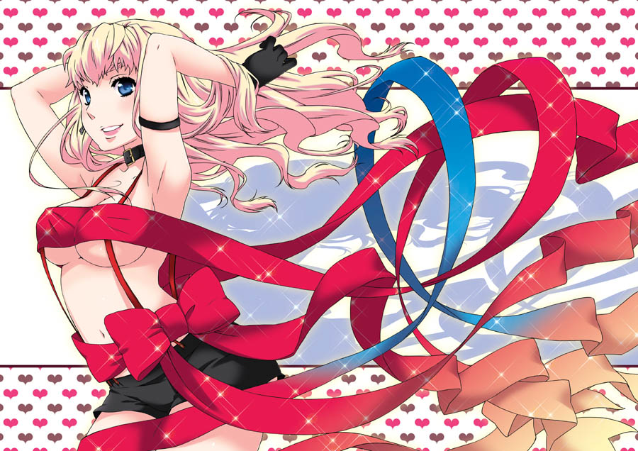 arms_up, blonde_hair, blue_eyes, bow, fingerless_gloves, gloves, kurootoko, long_hair